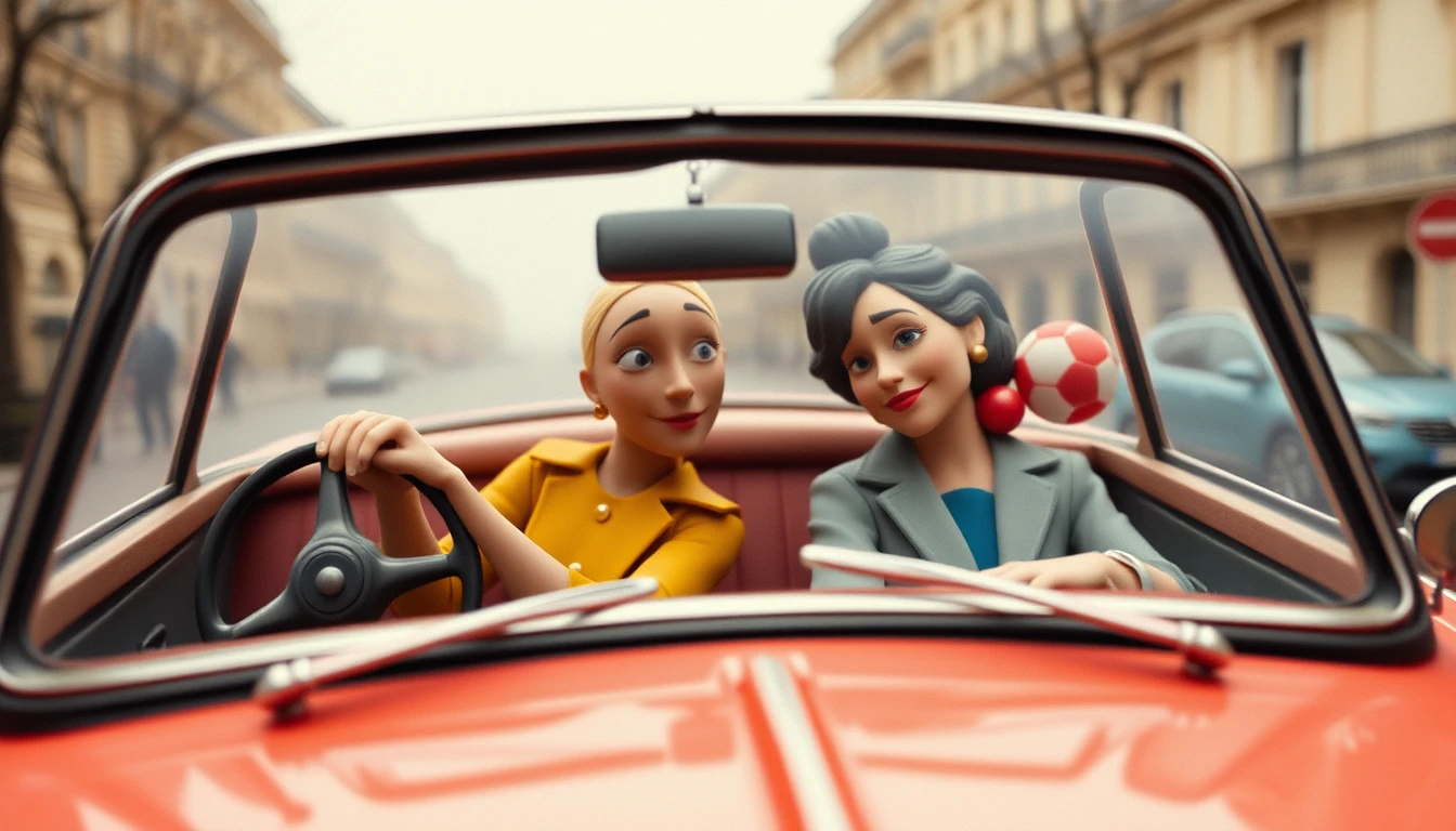 Two claymation women driving through a Paris city street