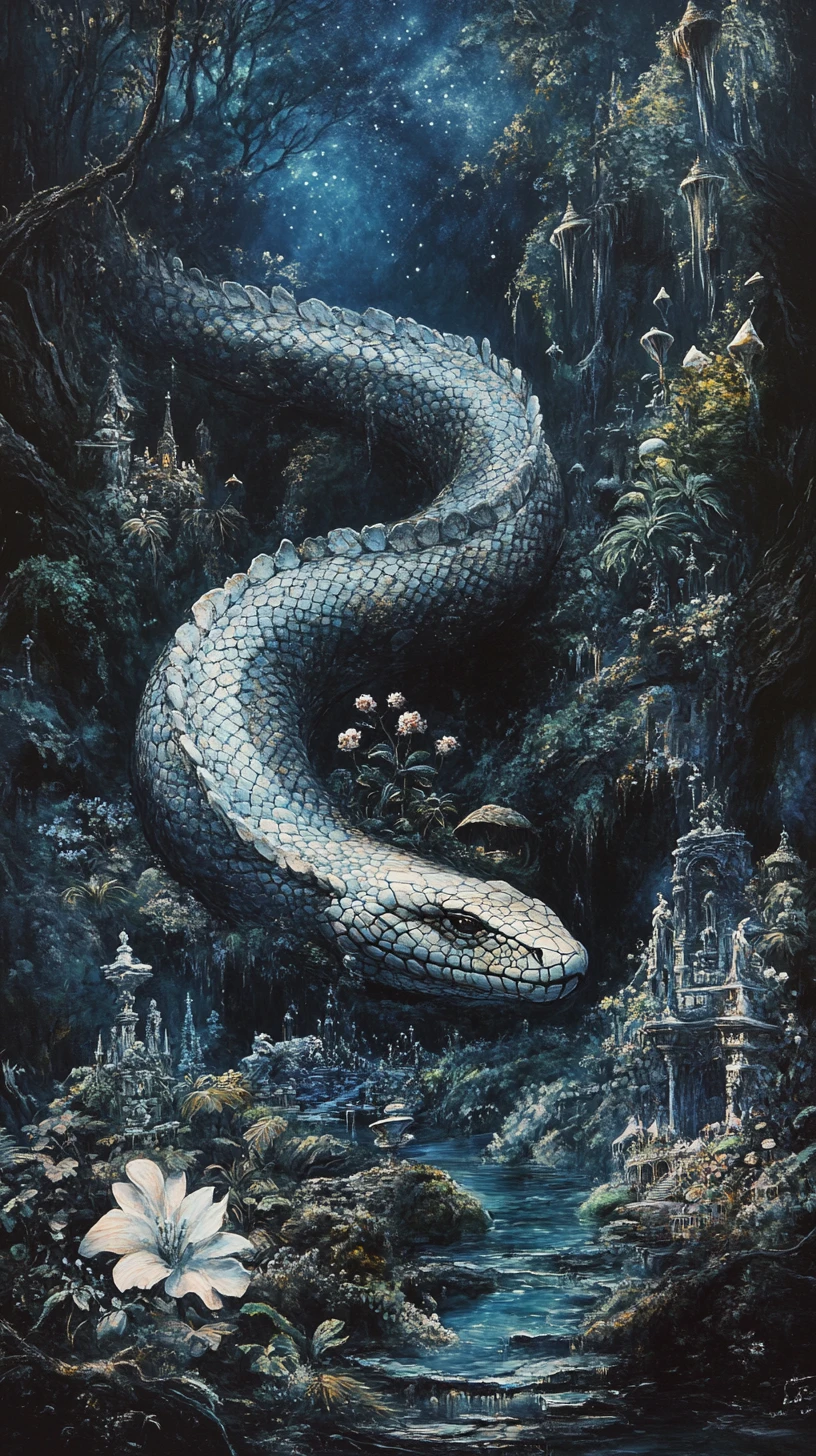 Colossal Marble Serpent Beneath An Ancient Enchanted Forest