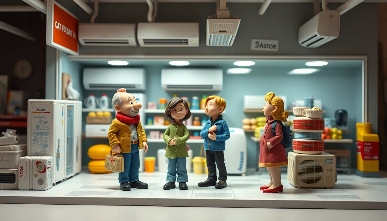 Claymation people fighting inside an air conditioner store