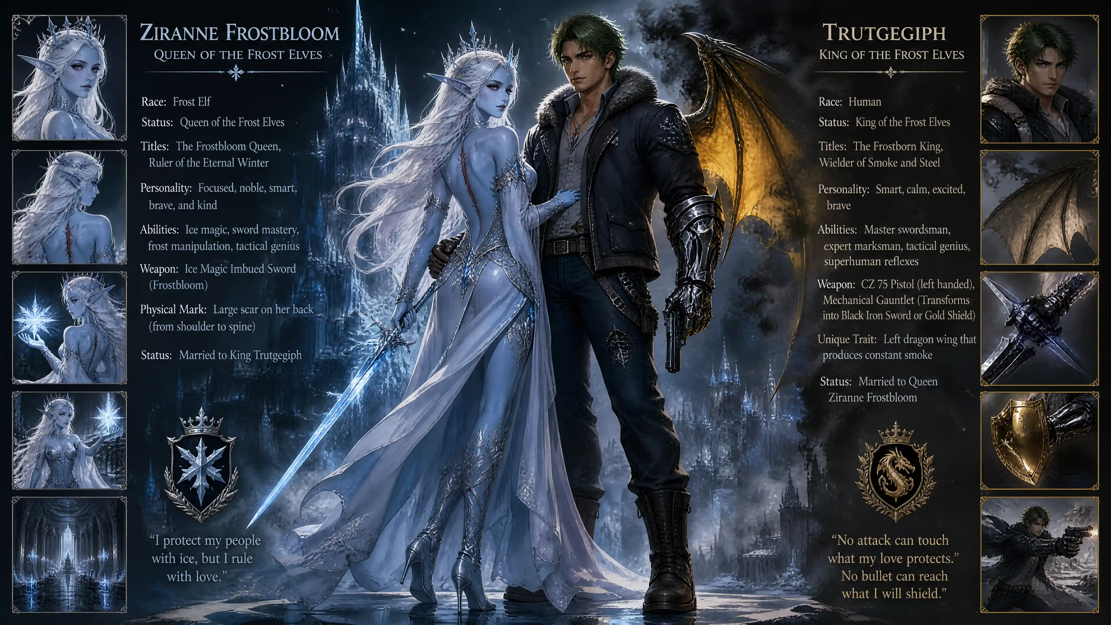 Frost elf queen with icy sword and royal garments