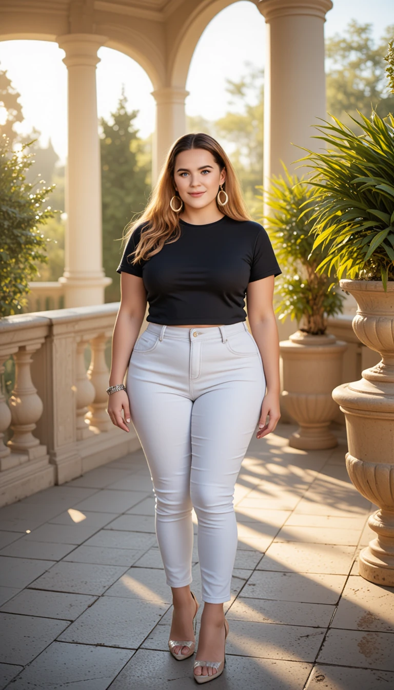 Curvy woman in stylish outfit on a sunny patio