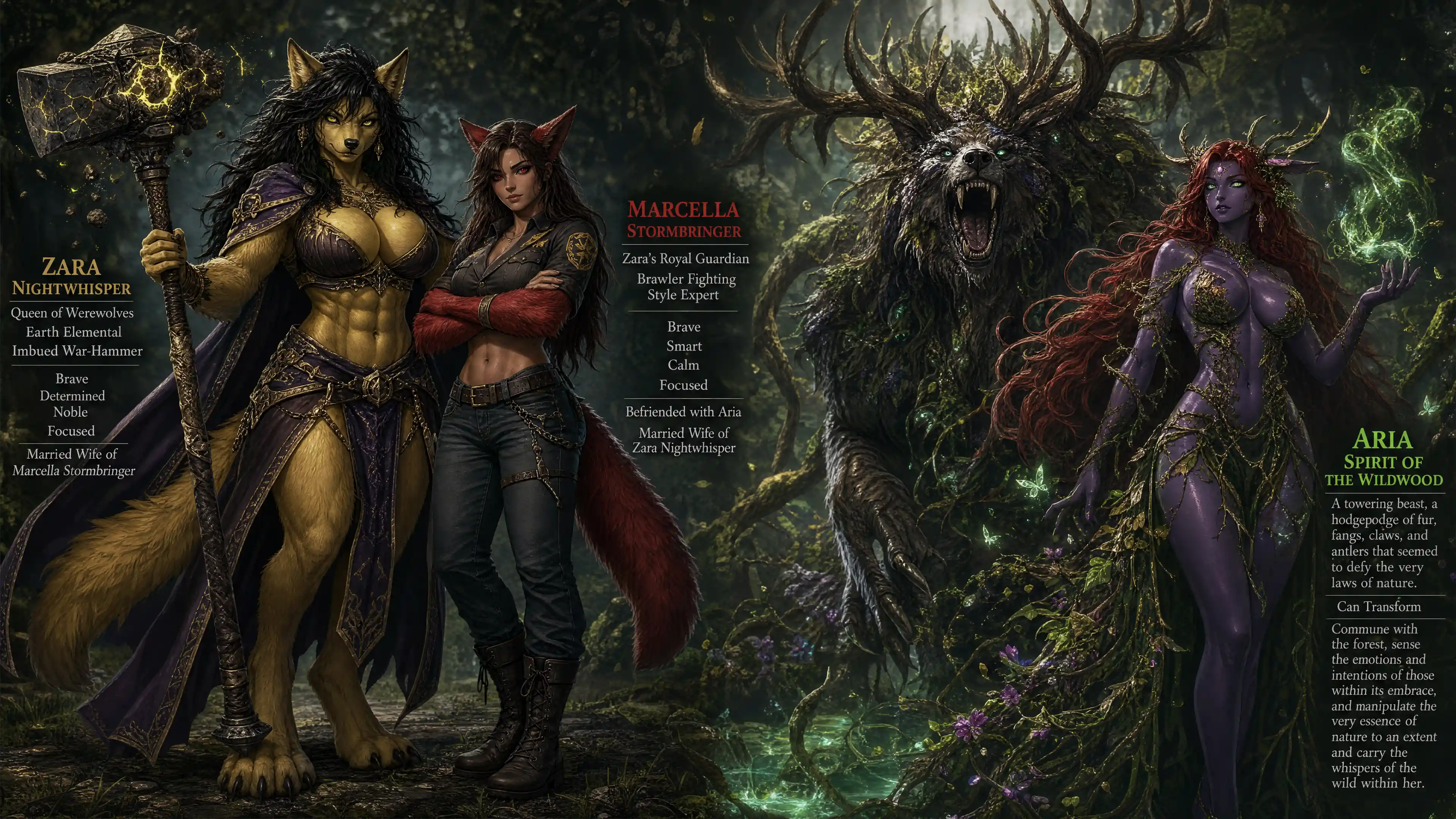 Regal werewolf queen wielding an earth infused war hammer