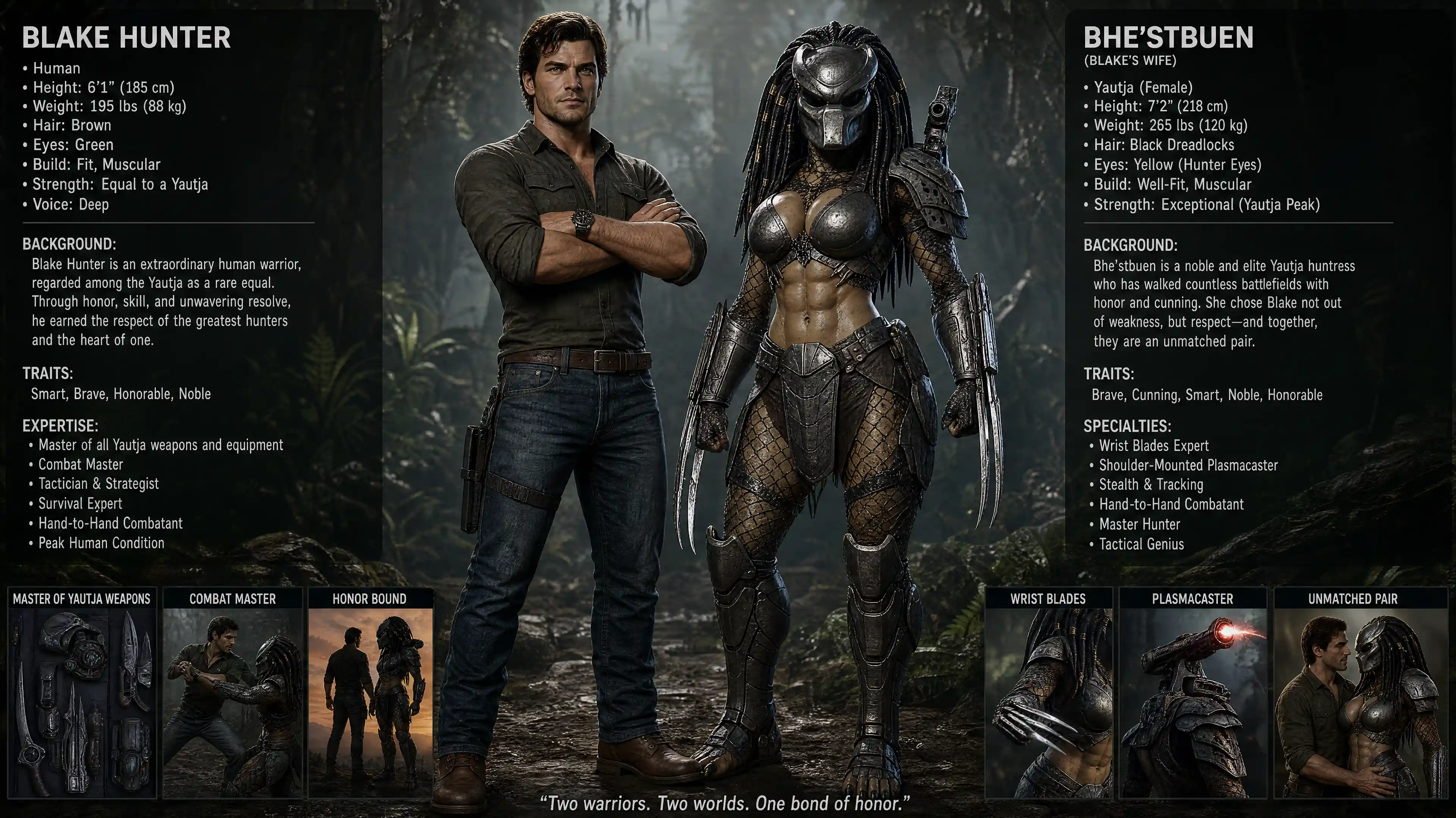 Human warrior and female yautja hunter standing together