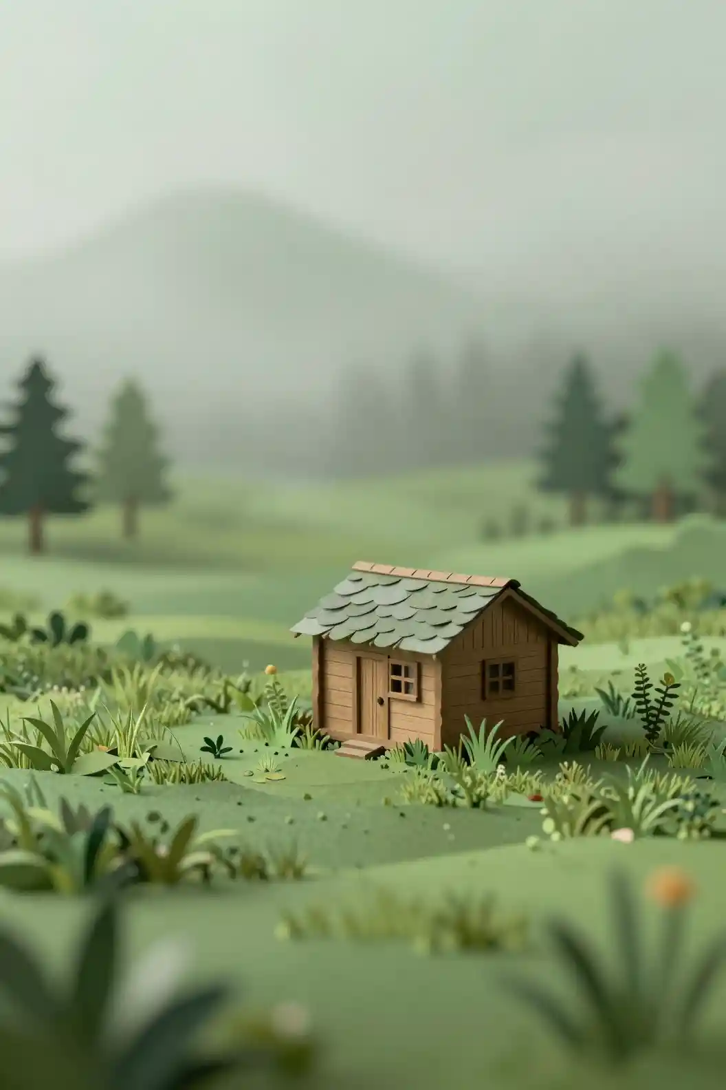 Small wooden cabin in foggy green meadow illustration