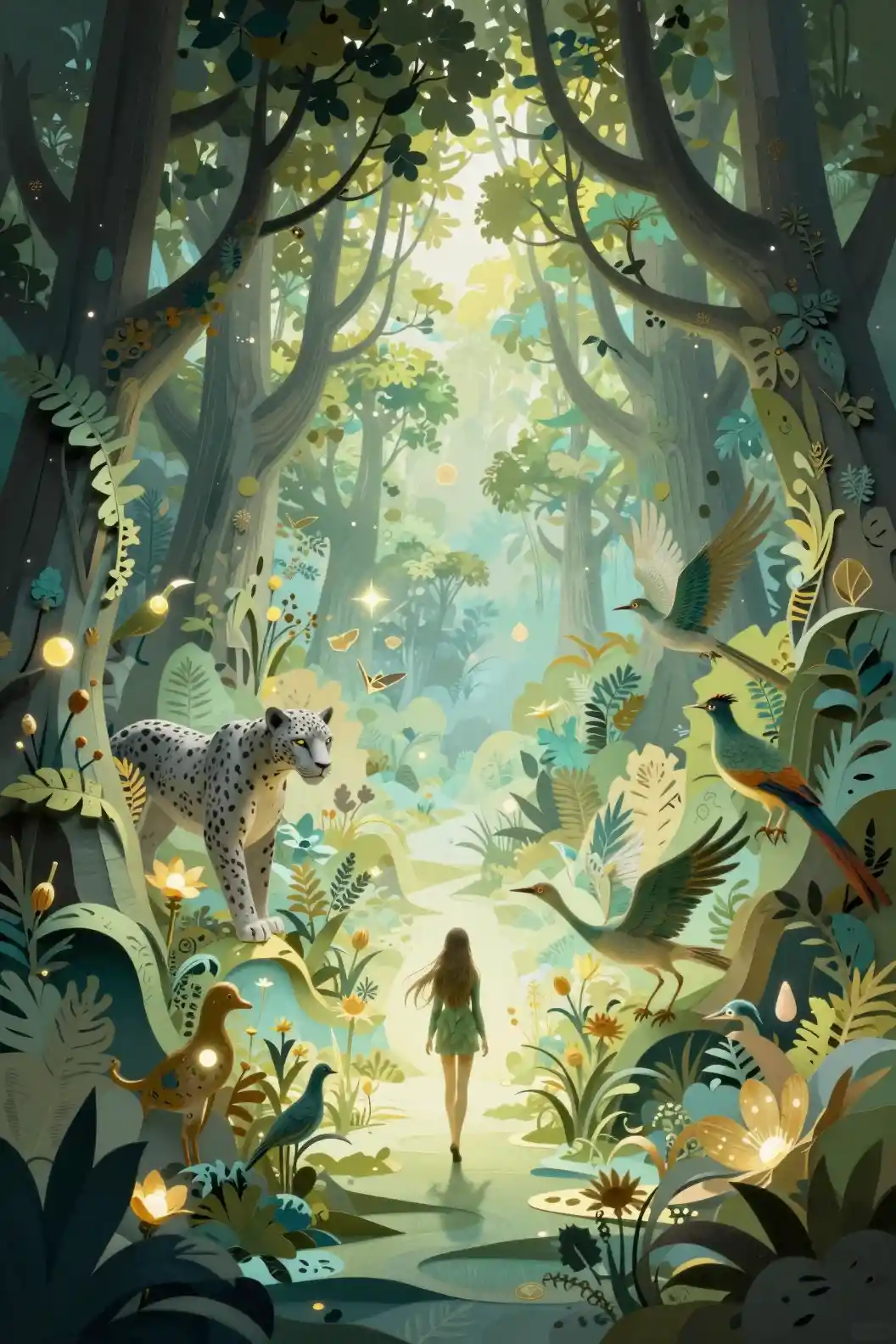 Enchanted paper forest with panther and glowing fairy
