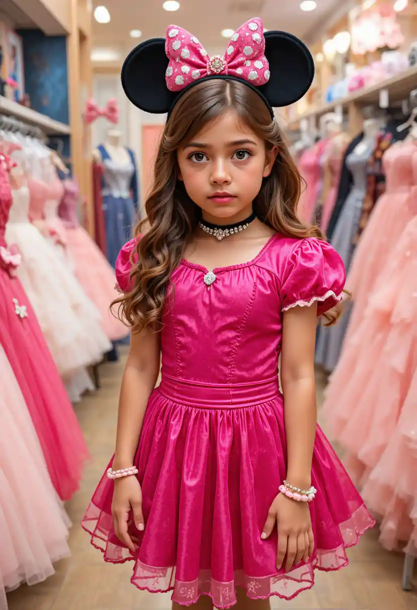 Nervous boy in pink Minnie dress posing in boutique