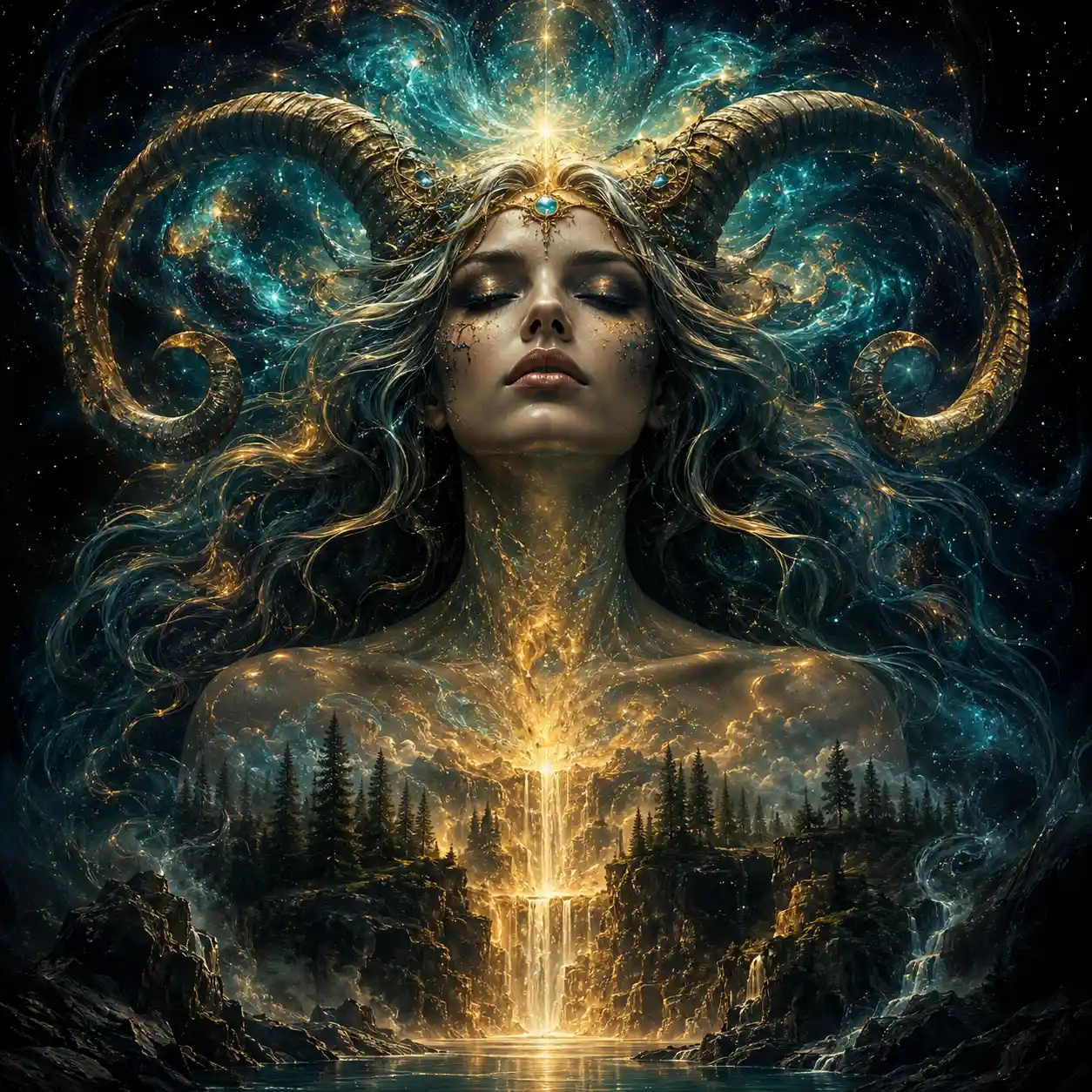 Ethereal horned woman framed by swirling cosmic nebulae