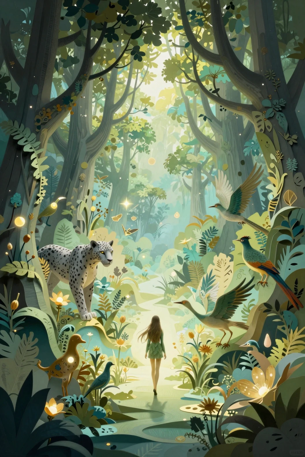 Enchanted paper forest with panther and glowing fairy