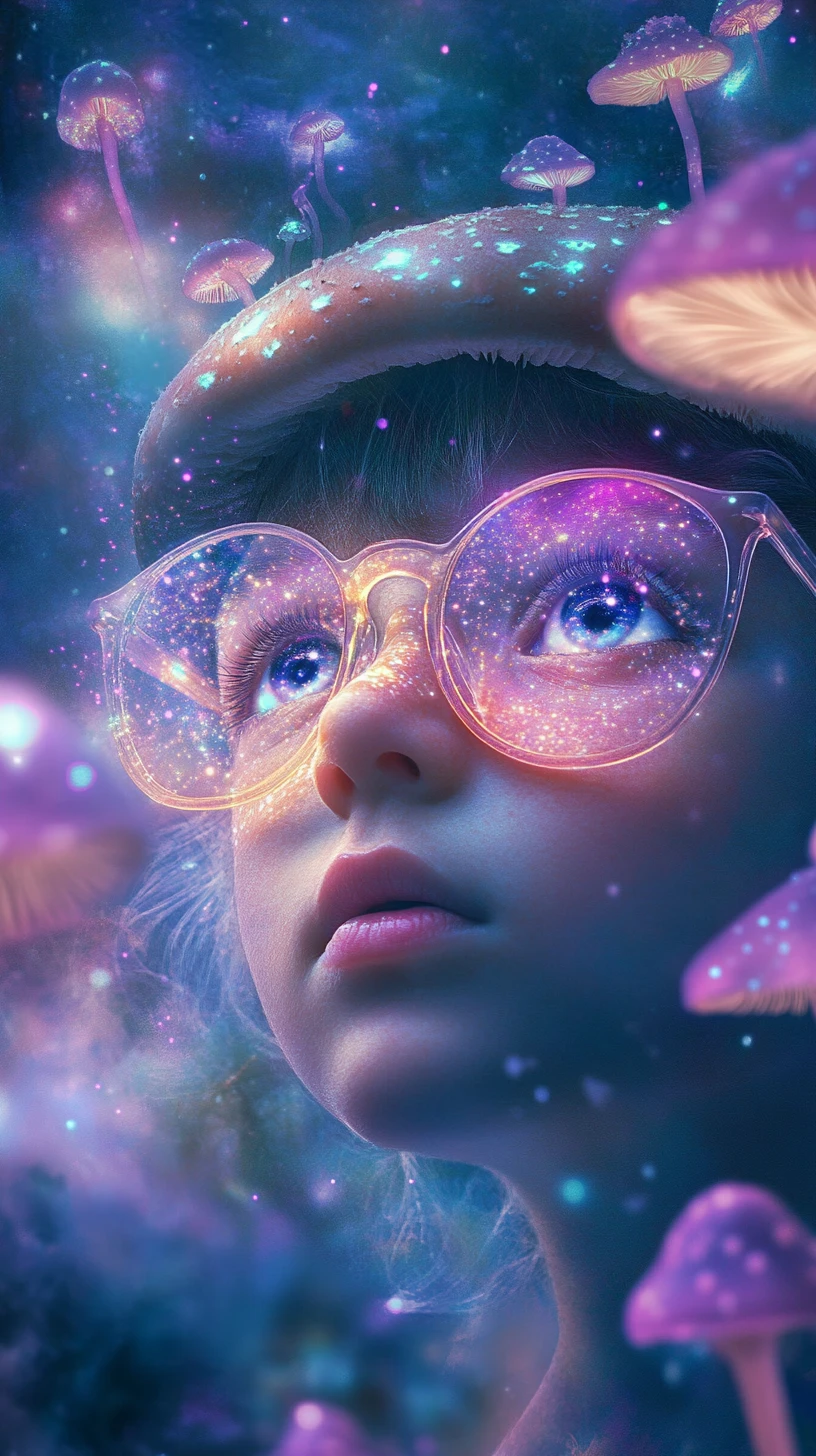 光るキノコに見入る大きな瞳の子どもがいる幻想的な森