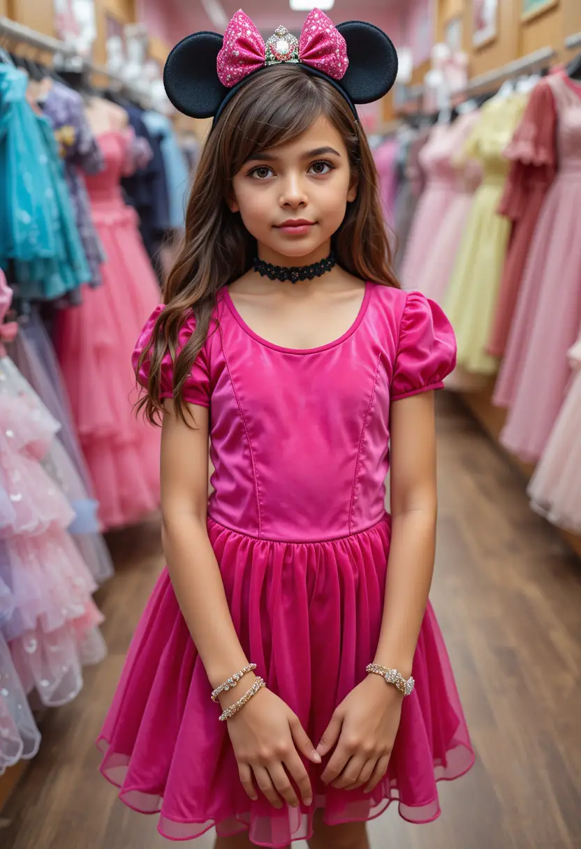 Nervous boy in pink Minnie dress posing in shop