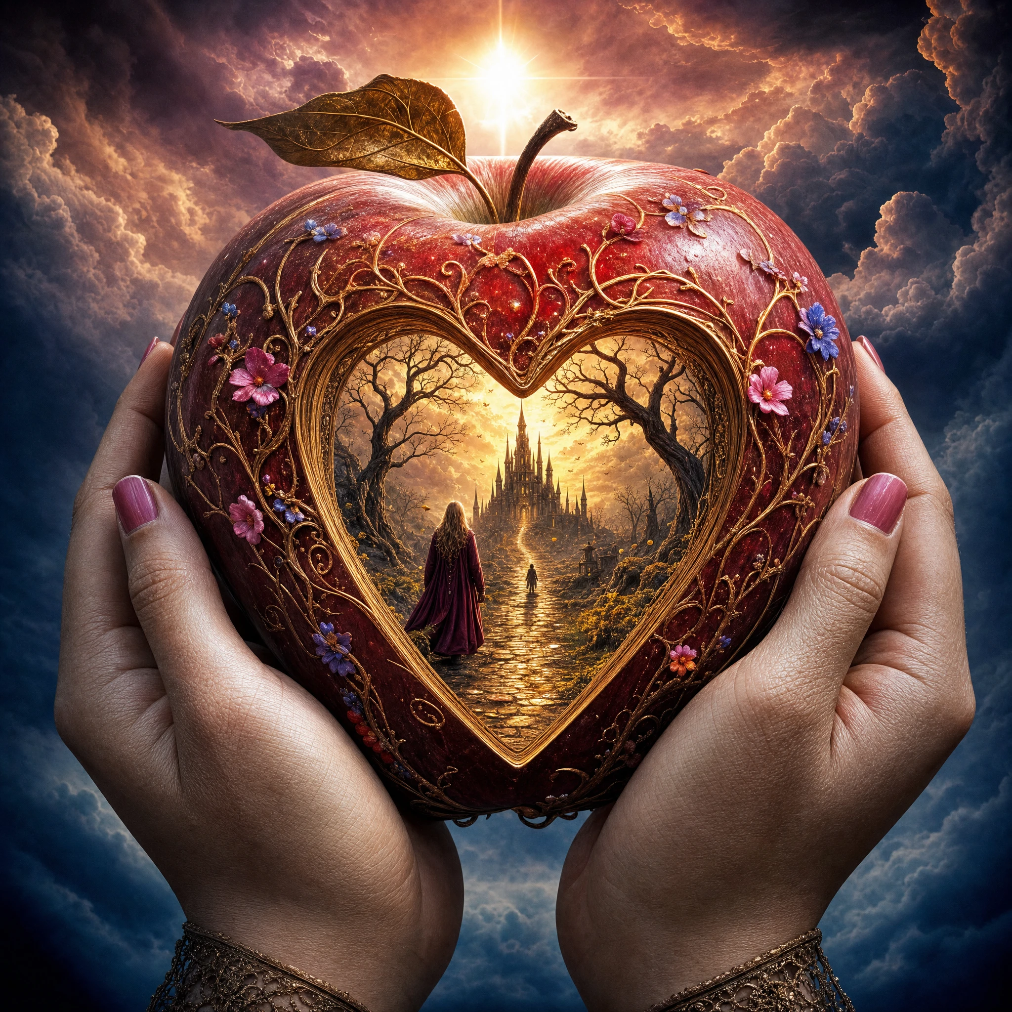 Hands Holding A Glowing Apple With A Heart Shaped Portal