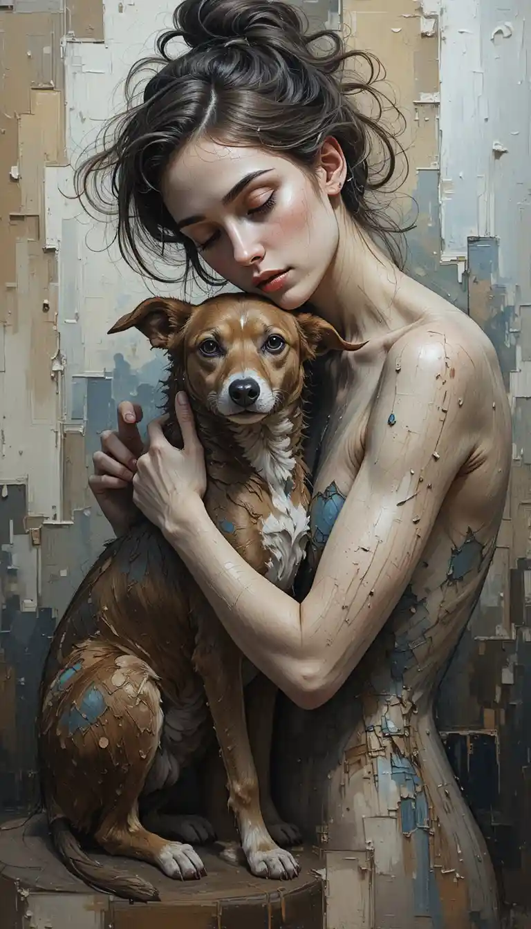 Woman embracing her loyal dog in expressive impasto painting