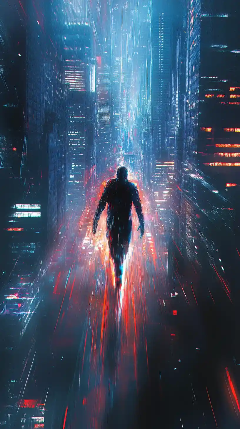 Ghostlike urban warrior fading into the city skyline