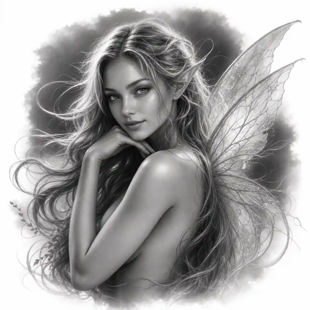 Serene fairy woman in monochrome digital portrait