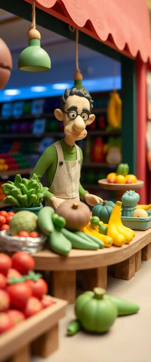 Clay shopkeeper selling fruits and vegetables in grocery store