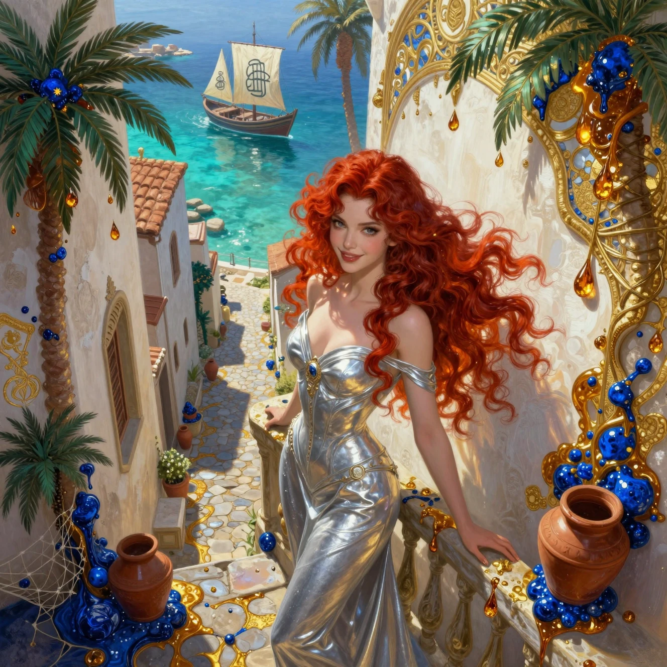 Mujer Fantástica en Balcón Sobre Callejón Mediterráneo Surrealista