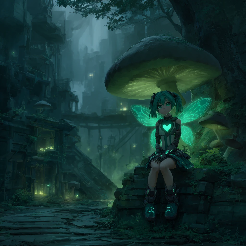 Cyborg fairy resting on a glowing mushroom in forest