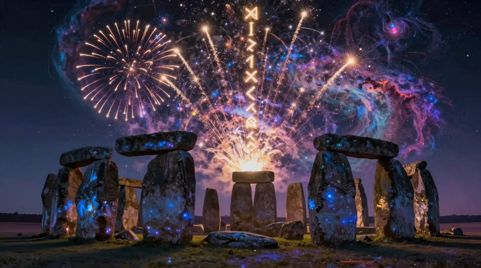 Antico cerchio di pietre sotto mistici fuochi d’artificio cosmici