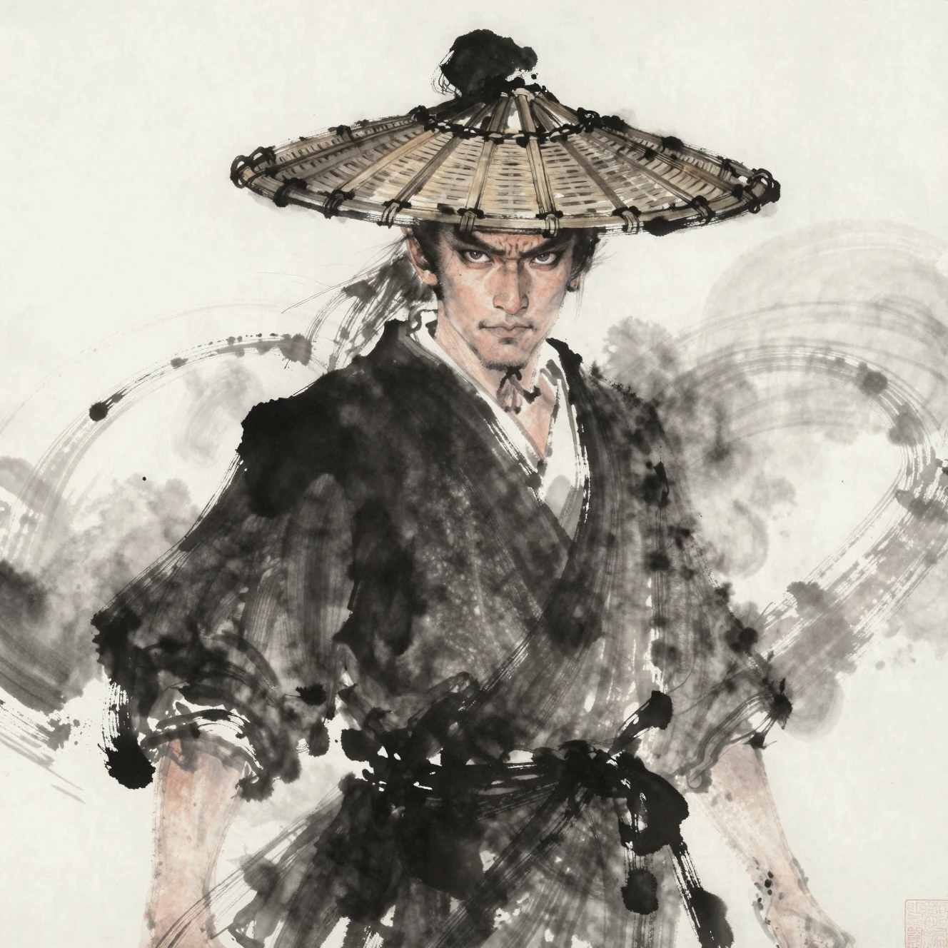 Ink wash portrait of a wandering martial arts warrior