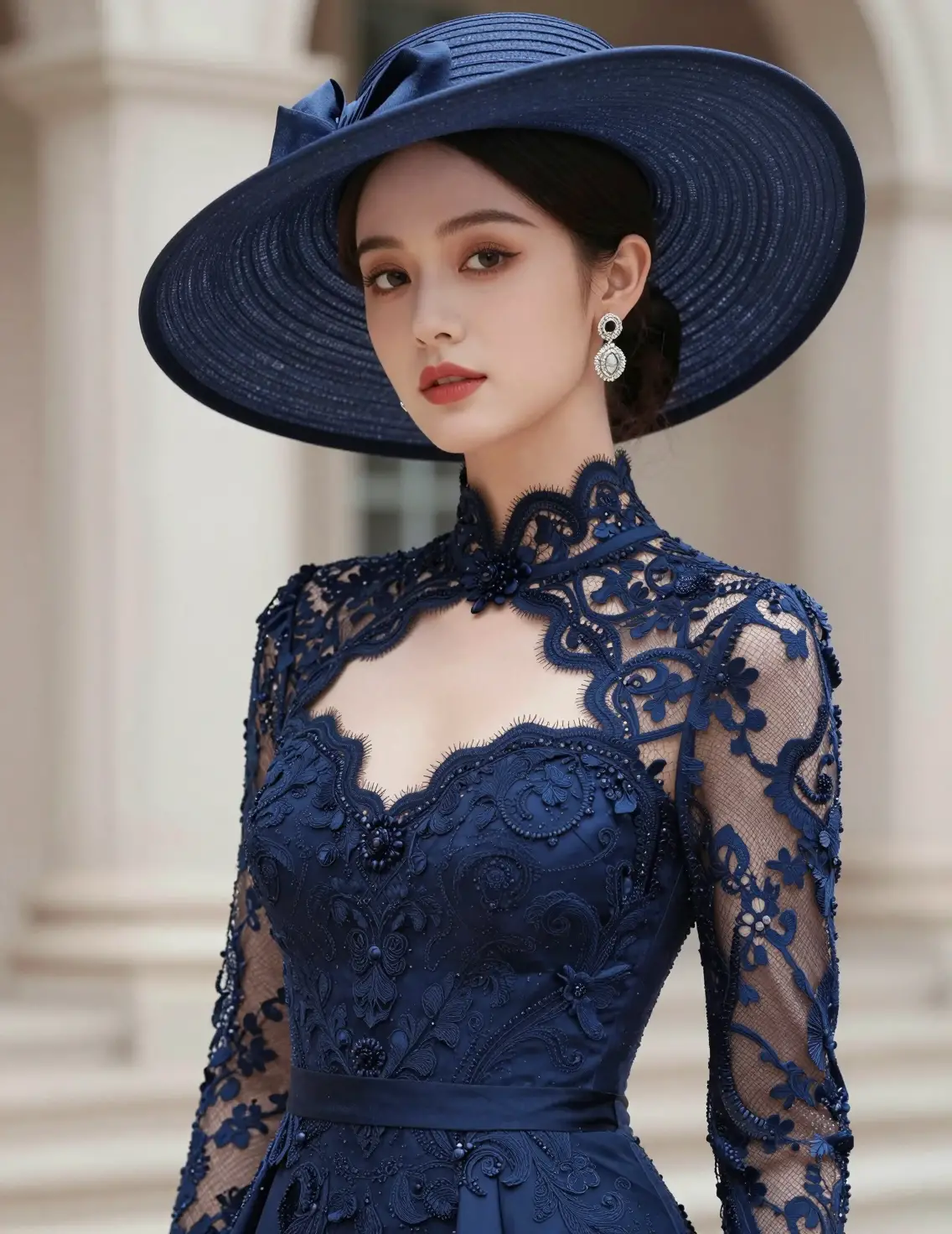 Mulher elegante em vestido de noite azul profundo e chapéu de aba larga