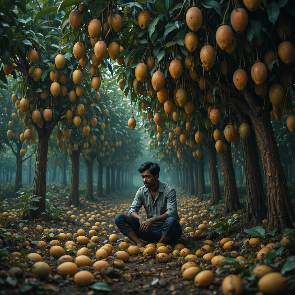 Sad gardener under mango trees with fallen rotten fruit