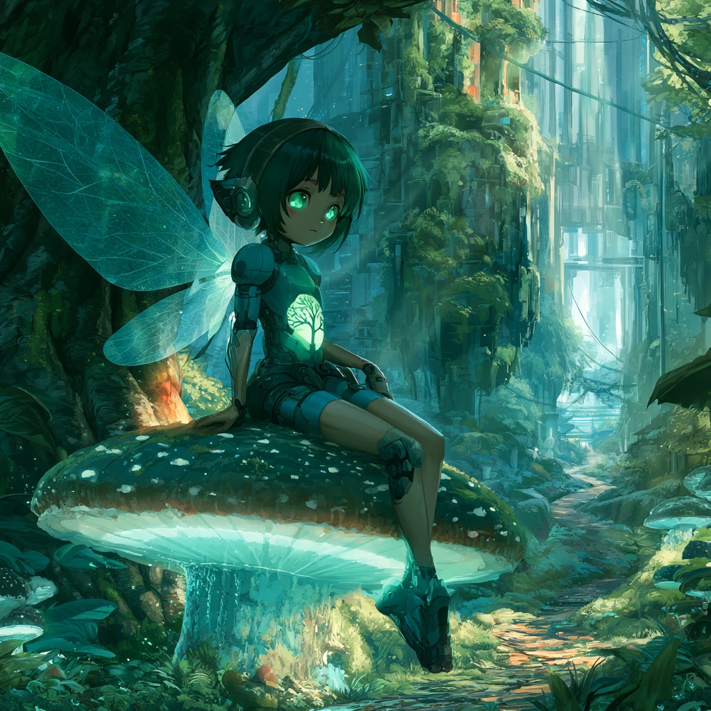 Cyborg fairy resting on a glowing forest mushroom