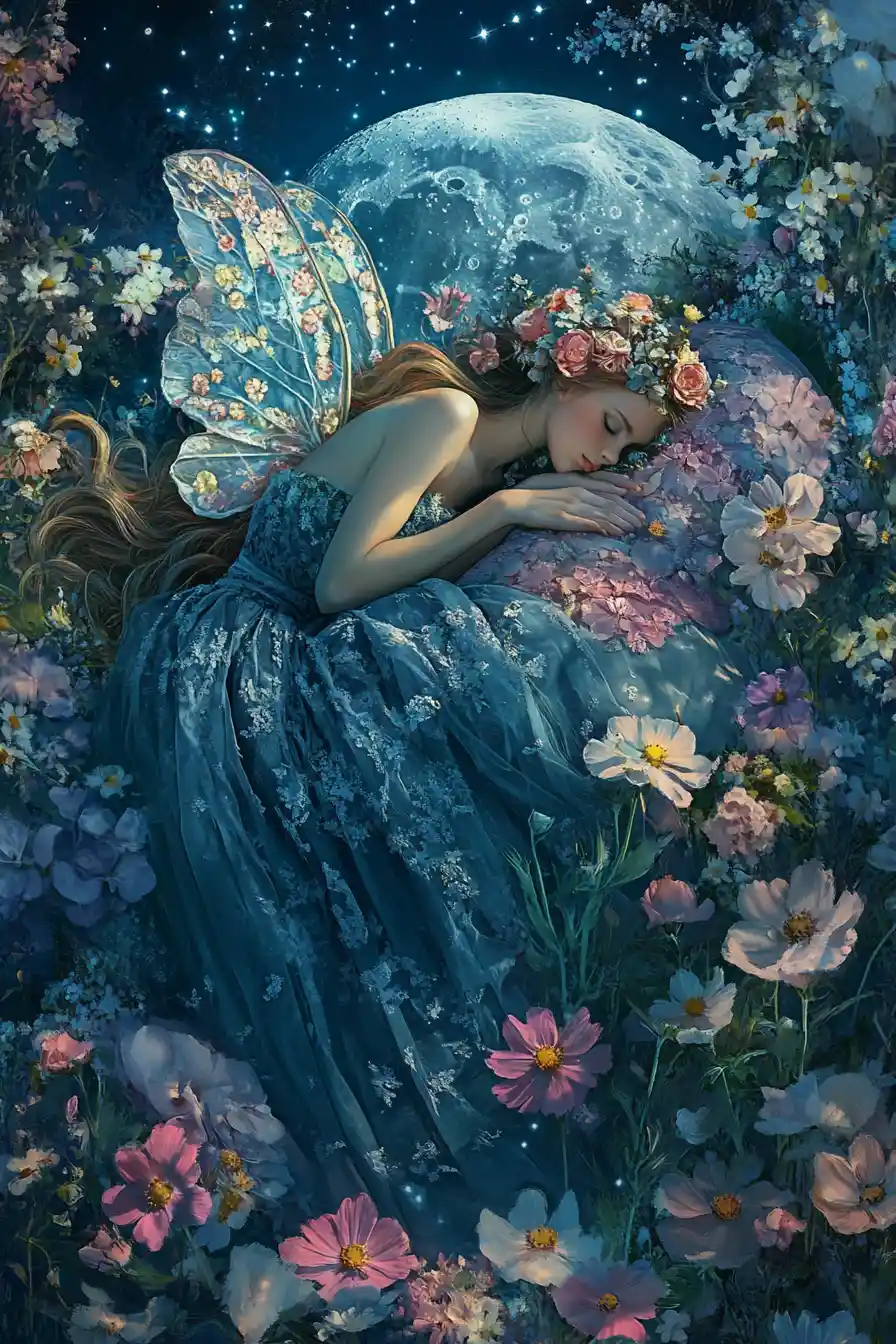 Peaceful fairy resting on the moon amid glowing flowers