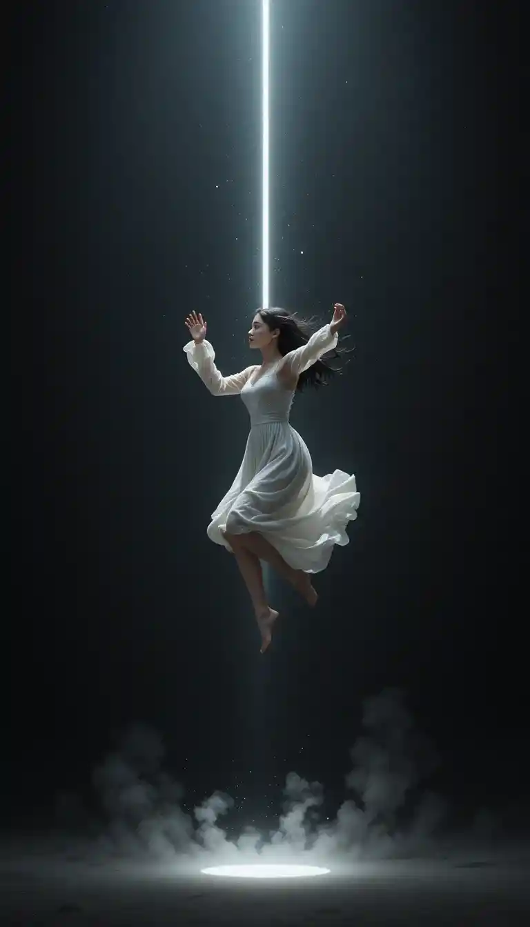 Young woman falling through a vast dark void of light