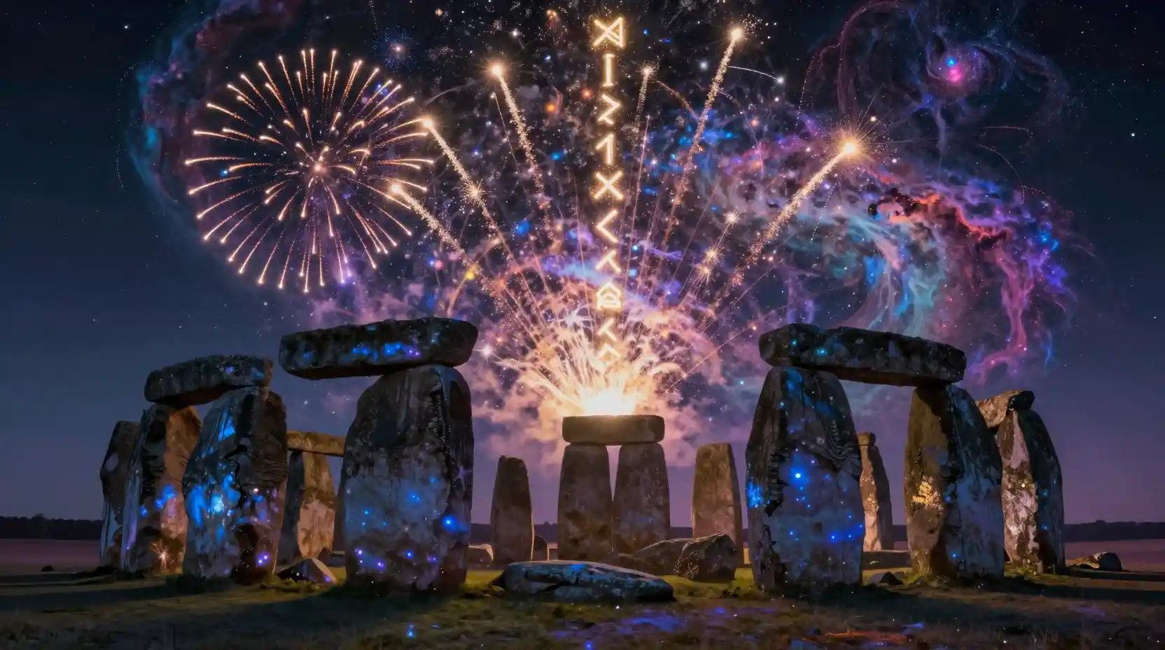 Ancient Stone Circle Under Mystical Cosmic Fireworks