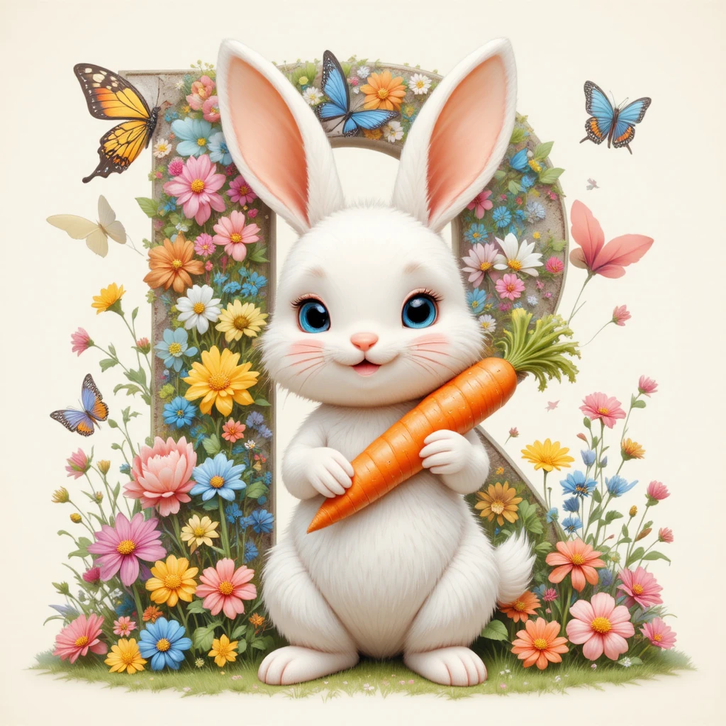 Cute white rabbit with carrot beside bold letter R