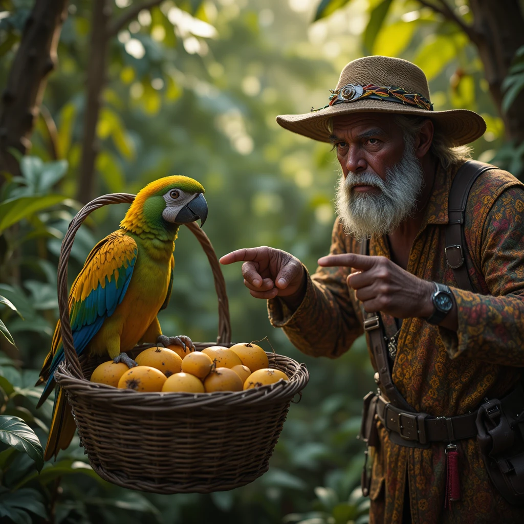 Colorful parrot confronted by angry gardener in garden