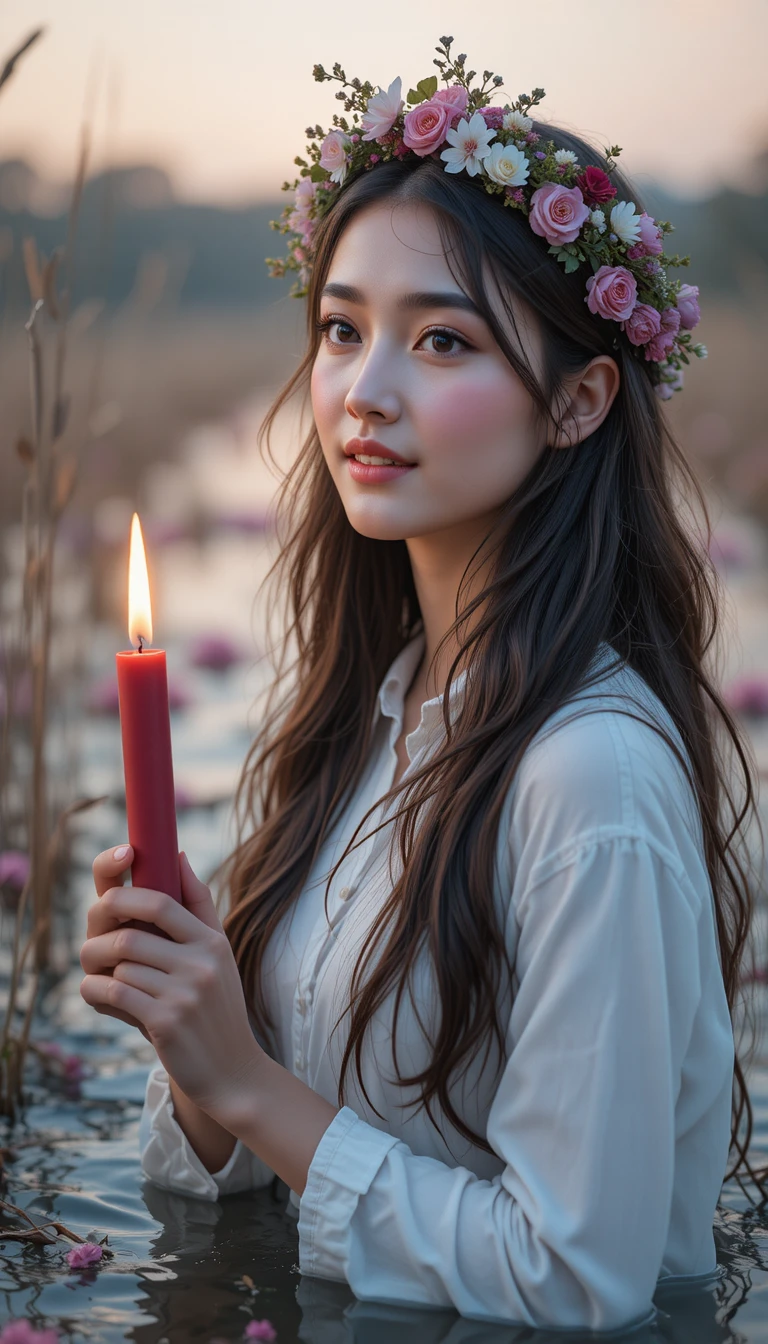 Girl with flower wreath holding a candle in river