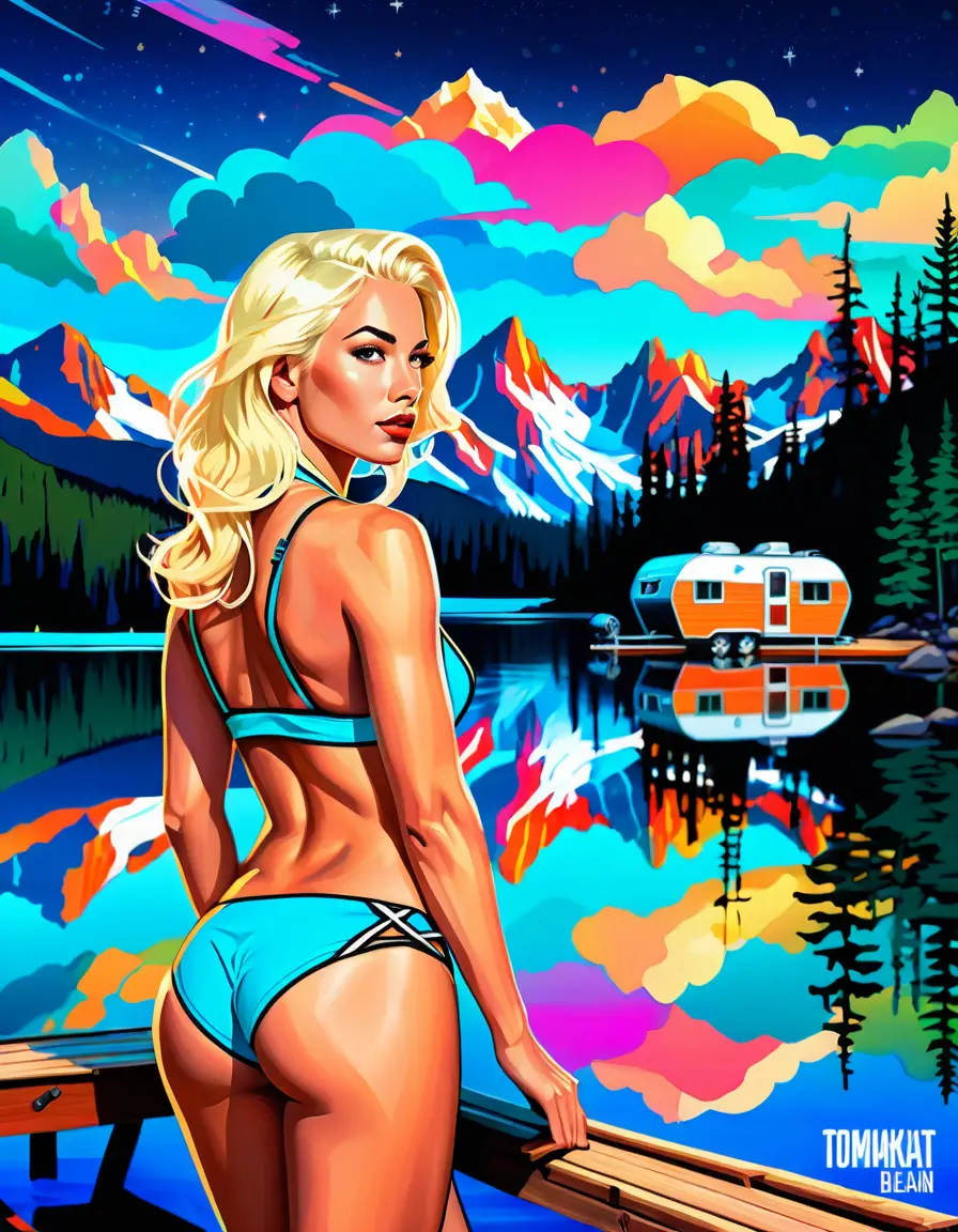Glamorous blonde woman camping by a twilight lakeside