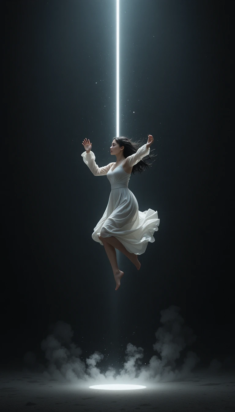 Young woman falling through a vast dark void of light