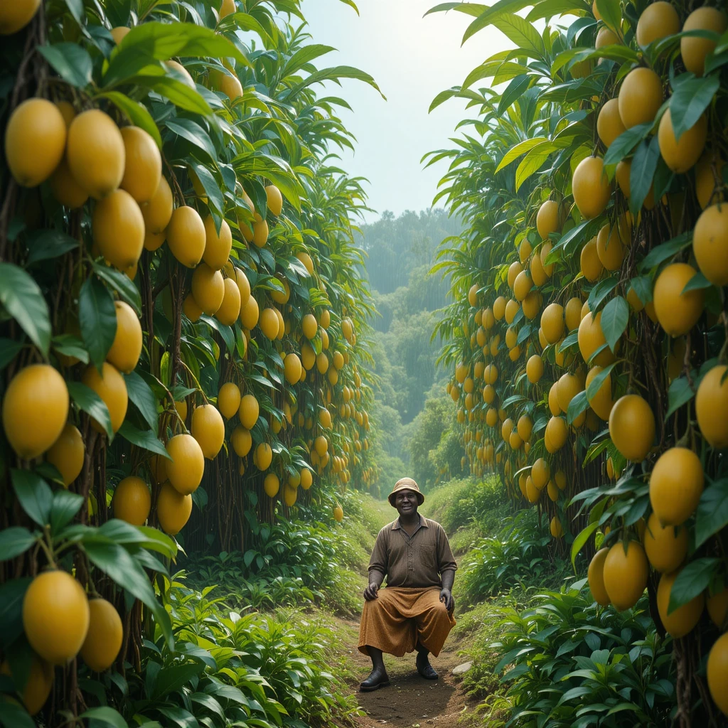 Smiling gardener among lush mango trees after rain