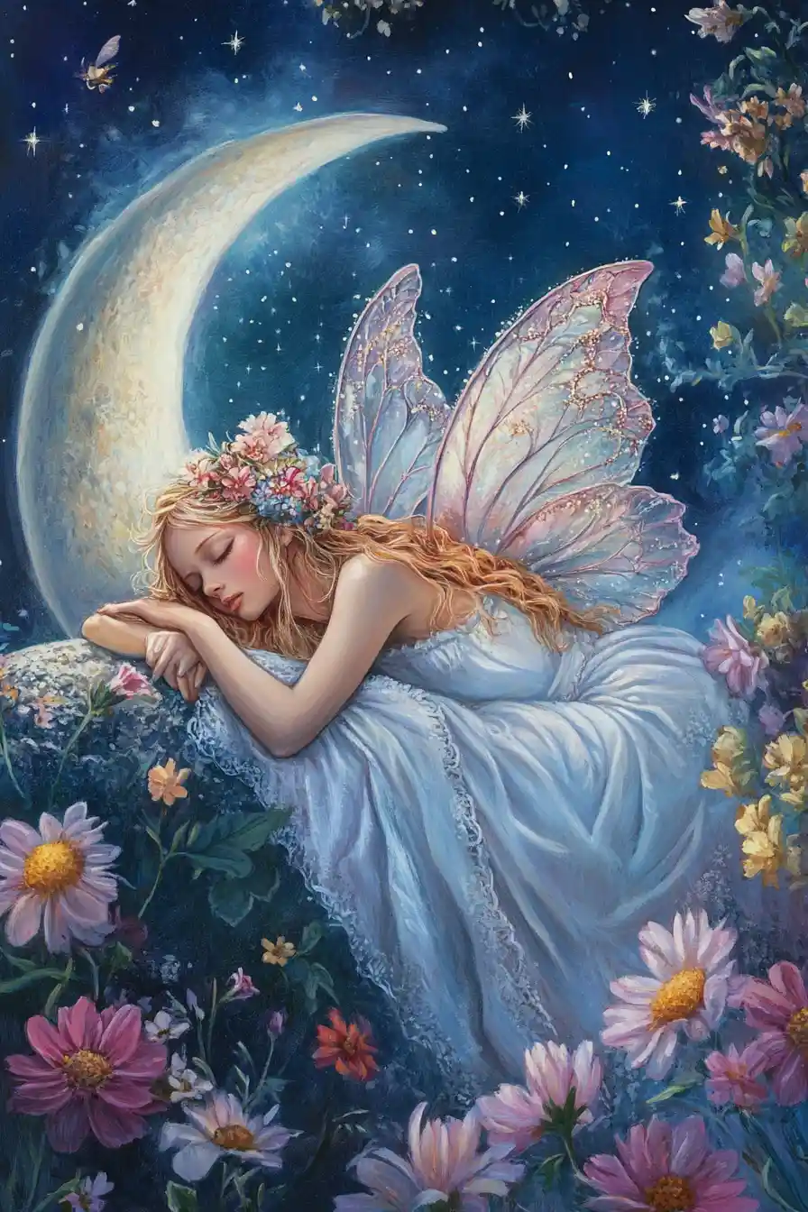 Peaceful fairy resting on a moonlit flower covered surface