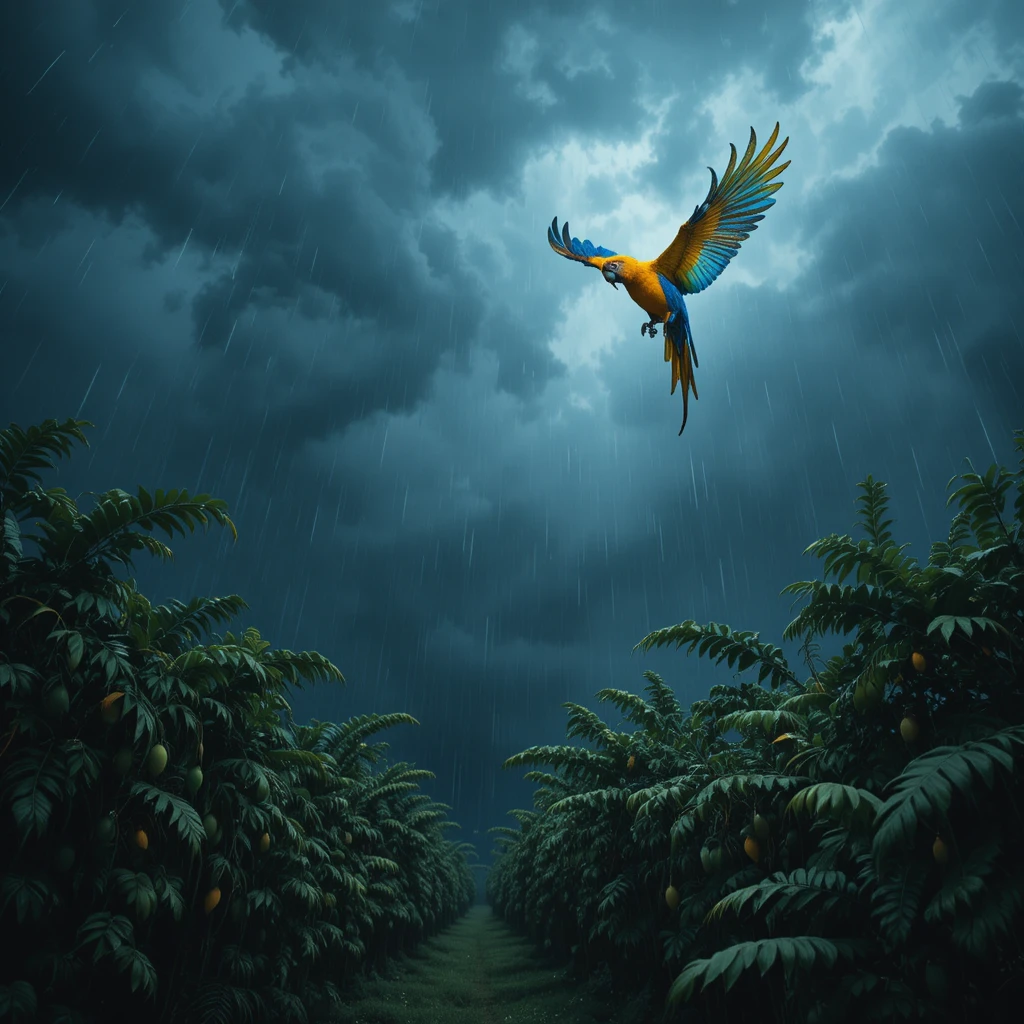 Colorful parrot flying above rainy clouds over mango orchard