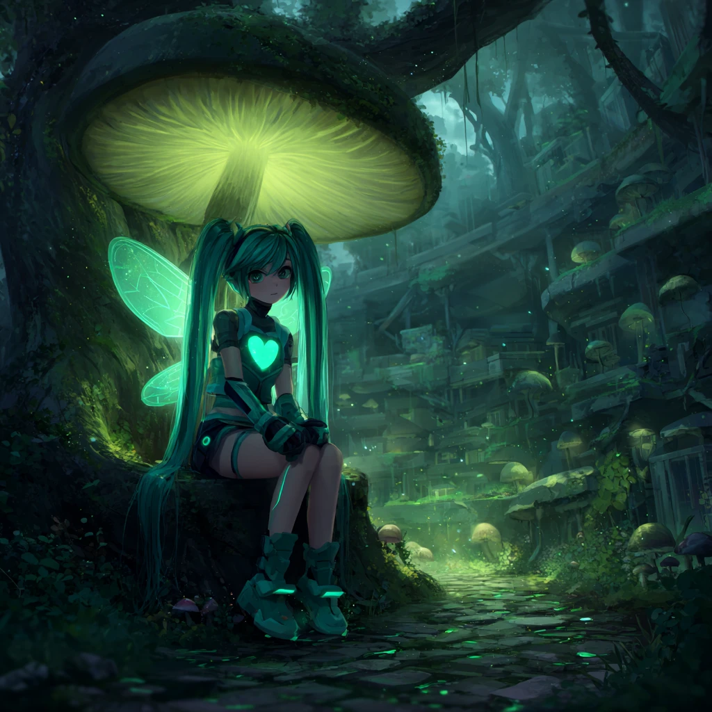 Cyborg fairy resting on a glowing mushroom in forest
