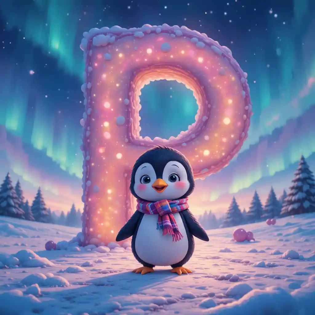 Cute baby penguin in scarf with bold letter P under aurora
