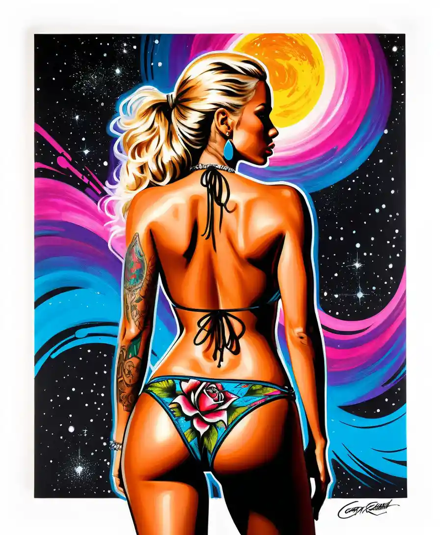 Blonde tattooed model in tiny brazilian thong swimsuit