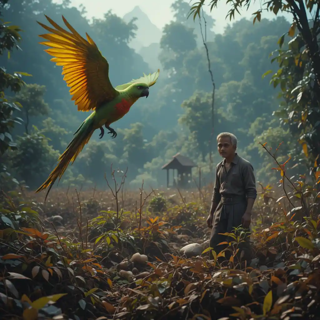 Colorful parrot flying toward a gardener in mango field