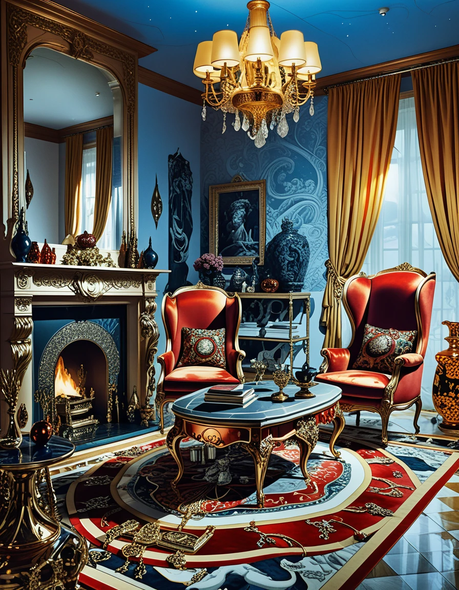 Decadent dark living room with candles and antique decor