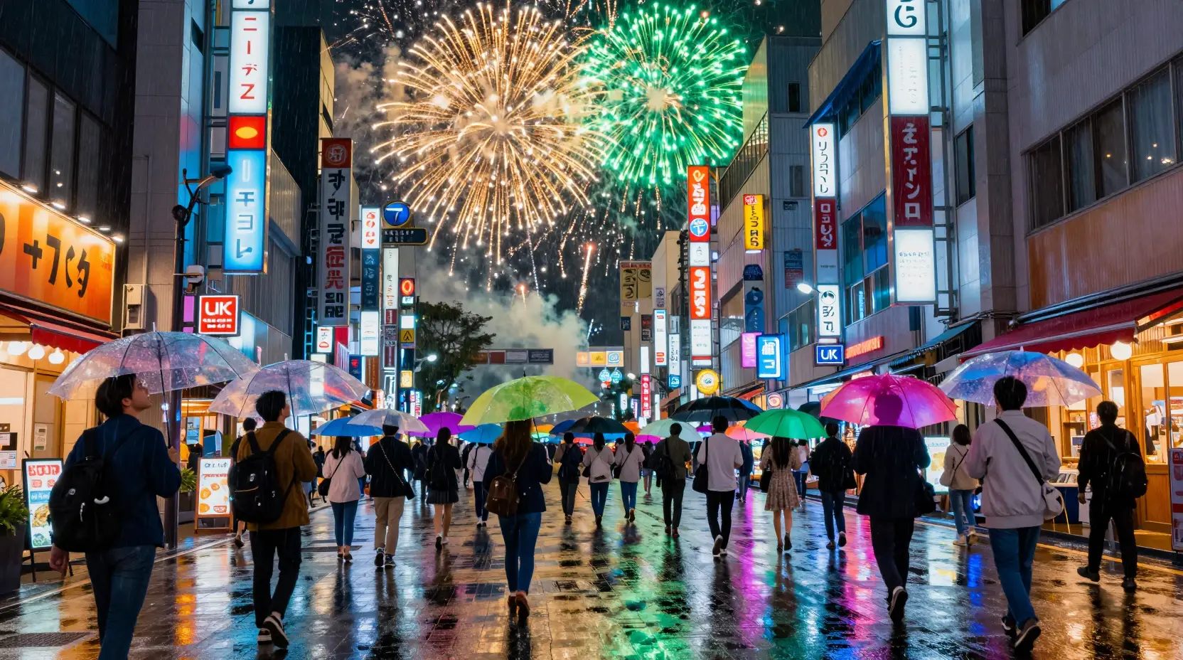 Fireworks Over Neon Tokyo Street With Umbrella Holding Crowd