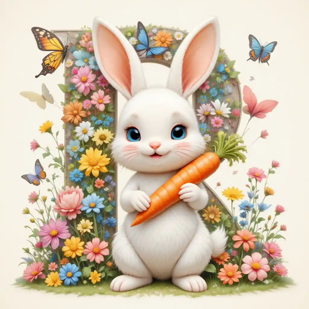 Cute white rabbit with carrot beside bold letter R