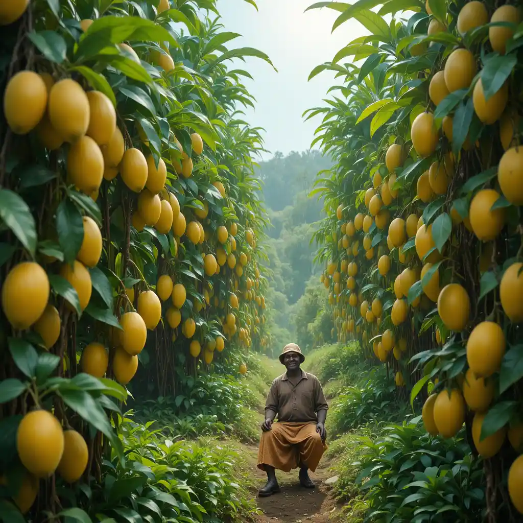Smiling gardener among lush mango trees after rain
