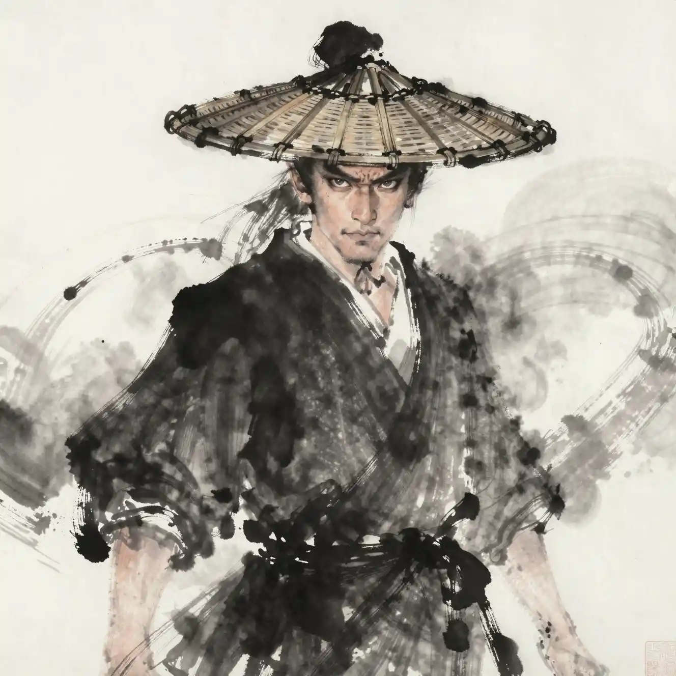Ink wash portrait of a wandering martial arts warrior