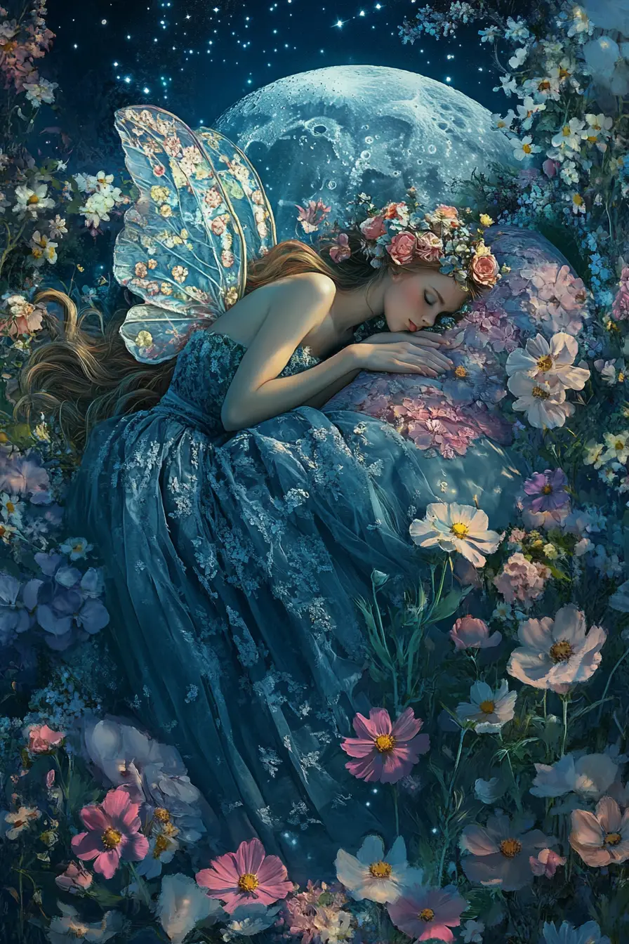 Fée paisible reposant sur la lune parmi des fleurs lumineuses