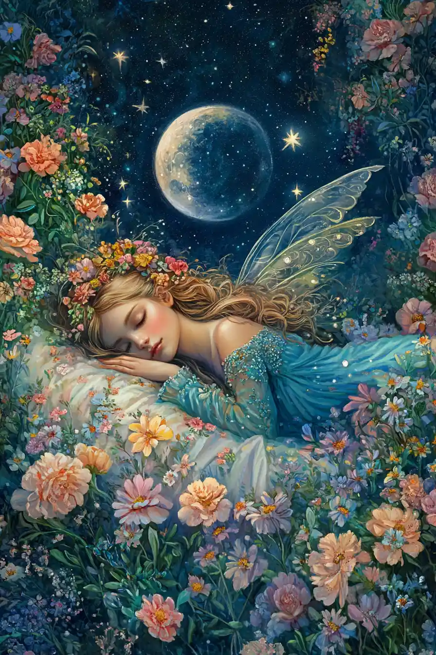 Peaceful fairy resting on the moon amid glowing flowers