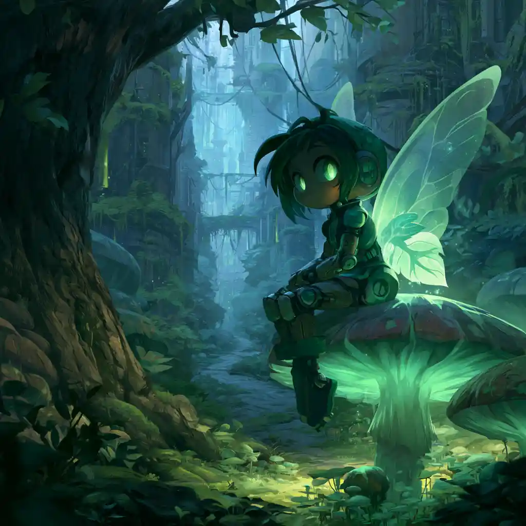Cyborg fairy resting on a glowing mushroom in forest