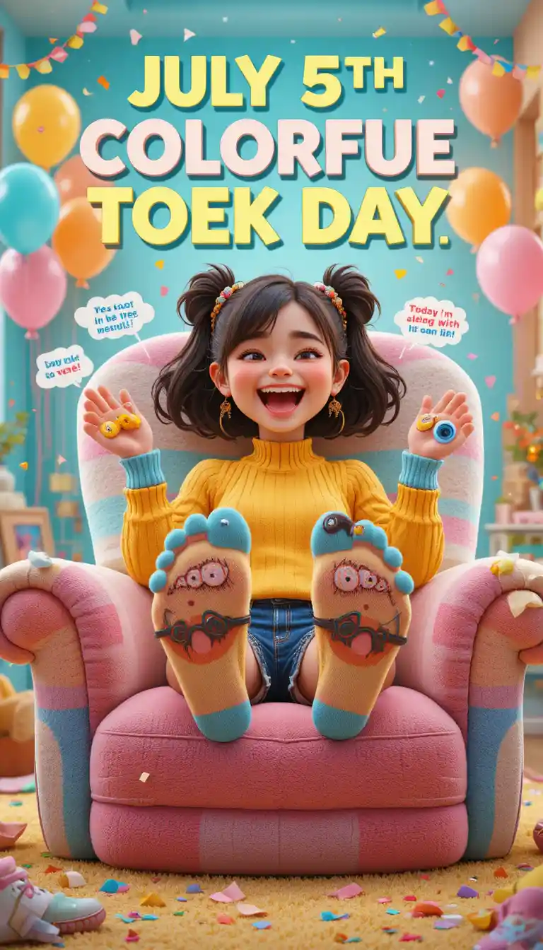 Smiling girl showing colorful toe socks on giant sock chair